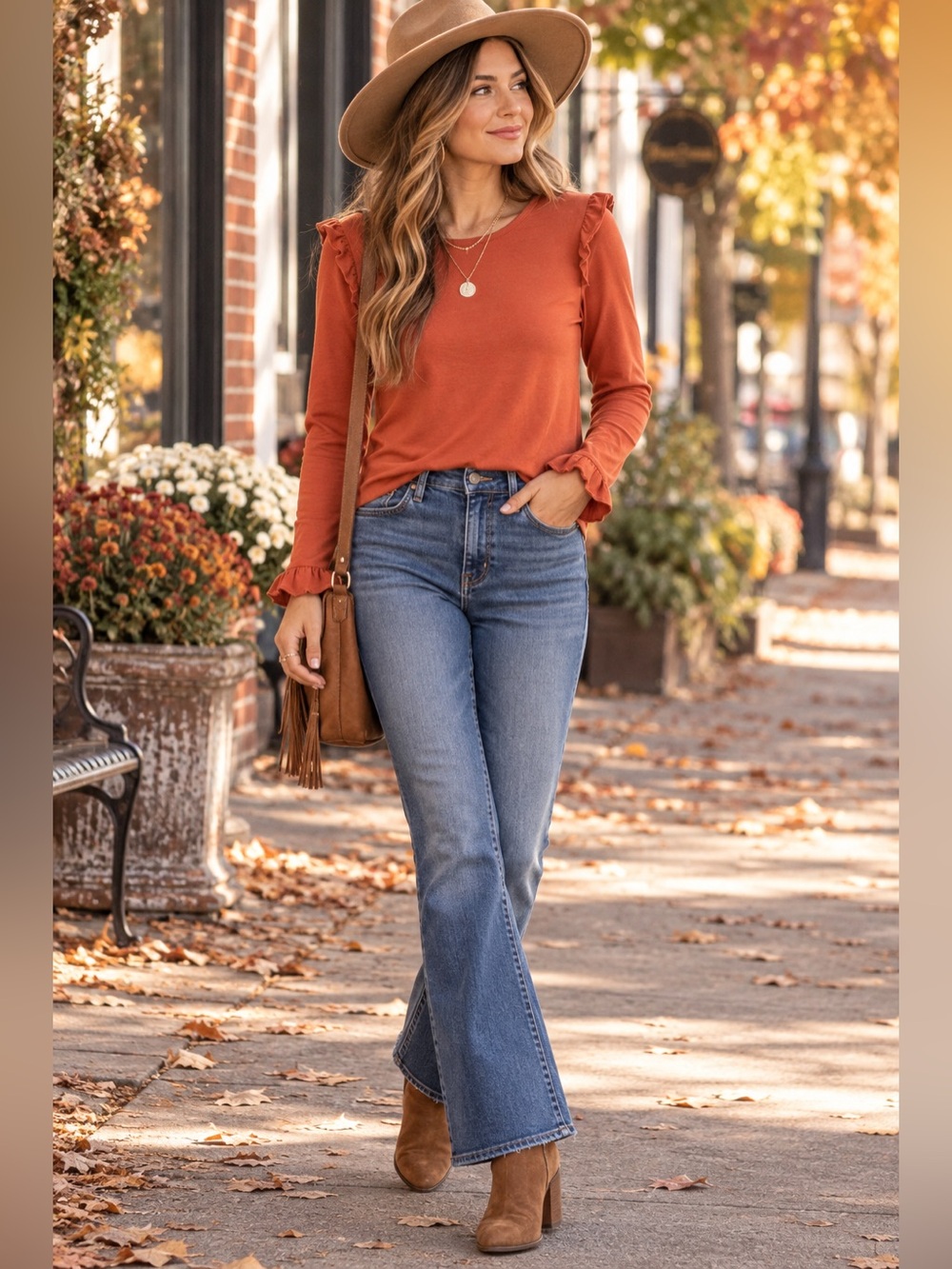 Downeast Rust Orange Ruffle Long Sleeve Top Size M Fall Boho